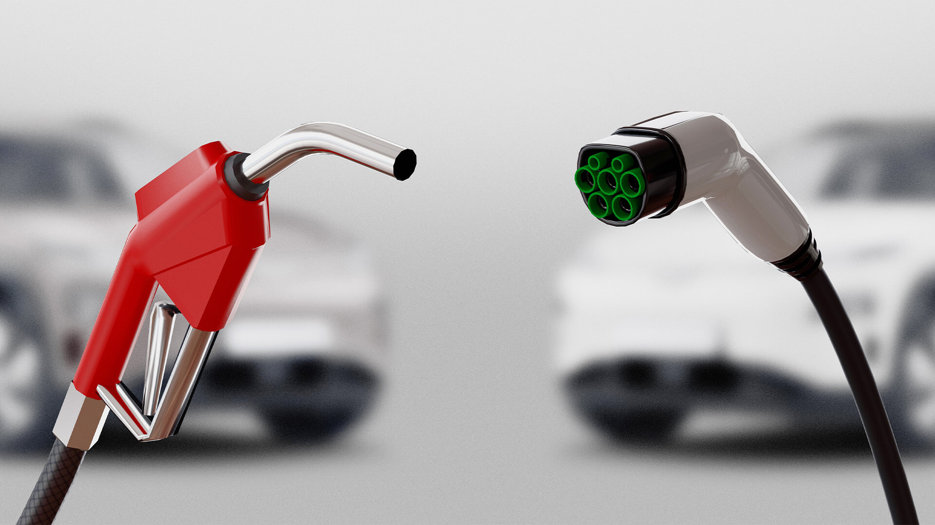 Left side shows a petrol pump with a petrol car in the background, and the right side shows an electric charger with an electric car in the background