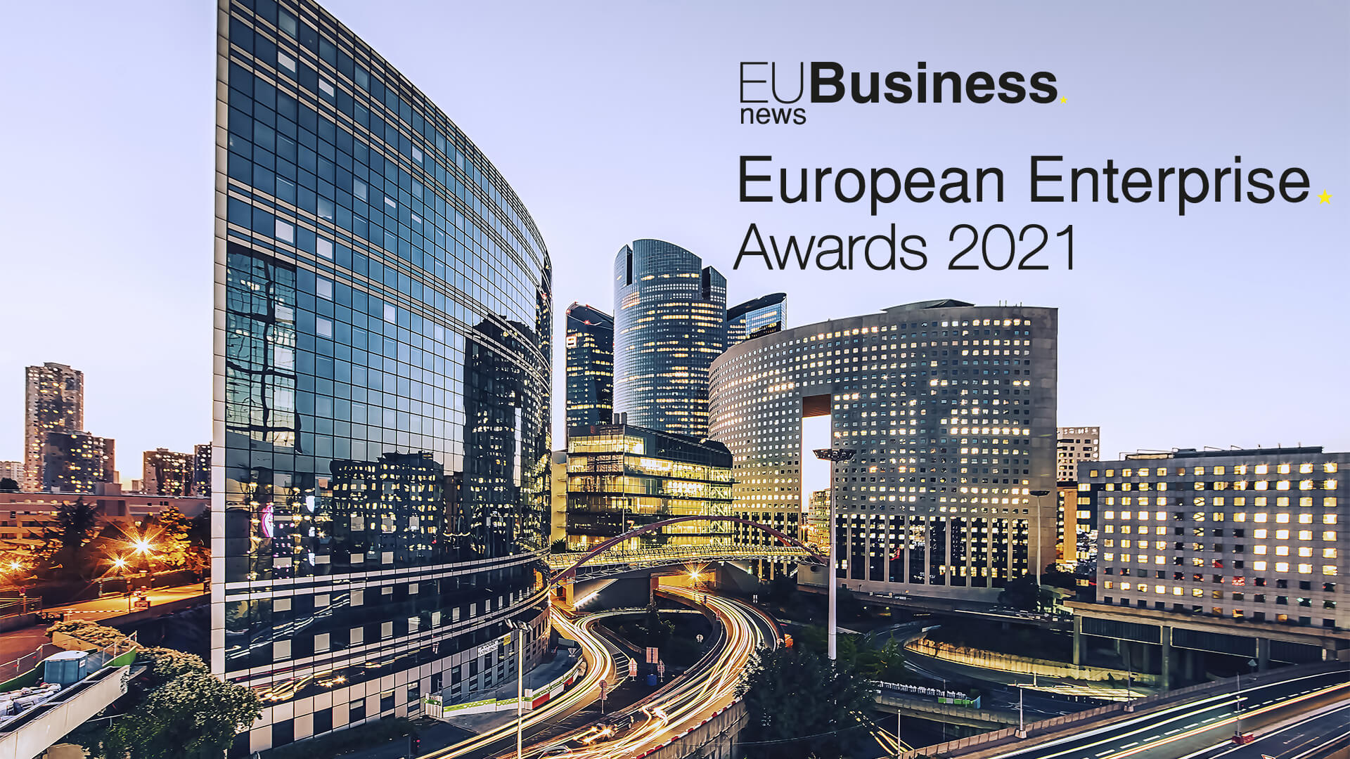 EU Business News European Enterprise Awards 2021 logo with the finance district of Paris in the background