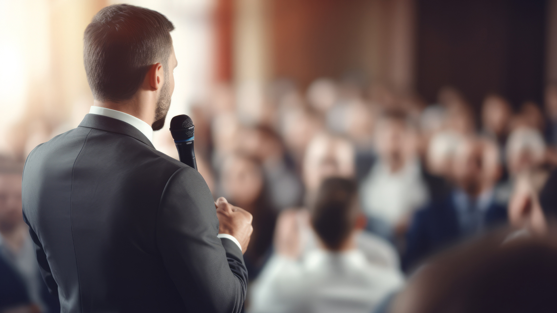 Back view of Man in business suit giving a speech on the stage in front of the audience.