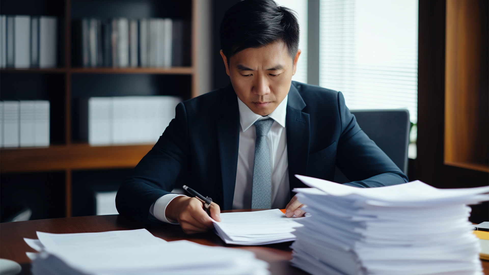 ax accountant manager holding paper documents checking bills, doing sales invoice accounting, reading legal contract or bank statement sitting at desk in office