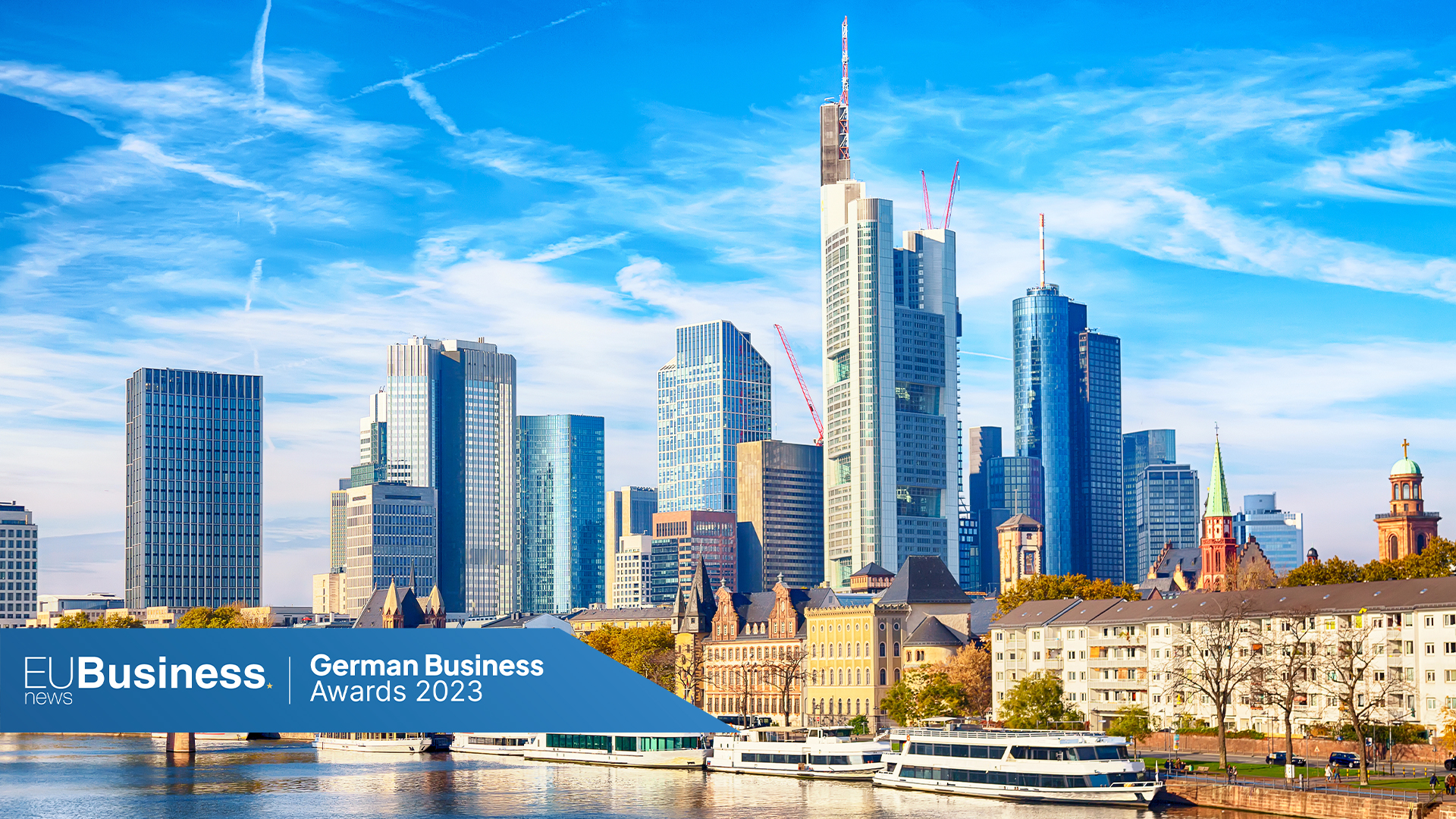 Skyline cityscape of Frankfurt, Germany during sunny day. Frankfurt Main in a financial capital of Europe