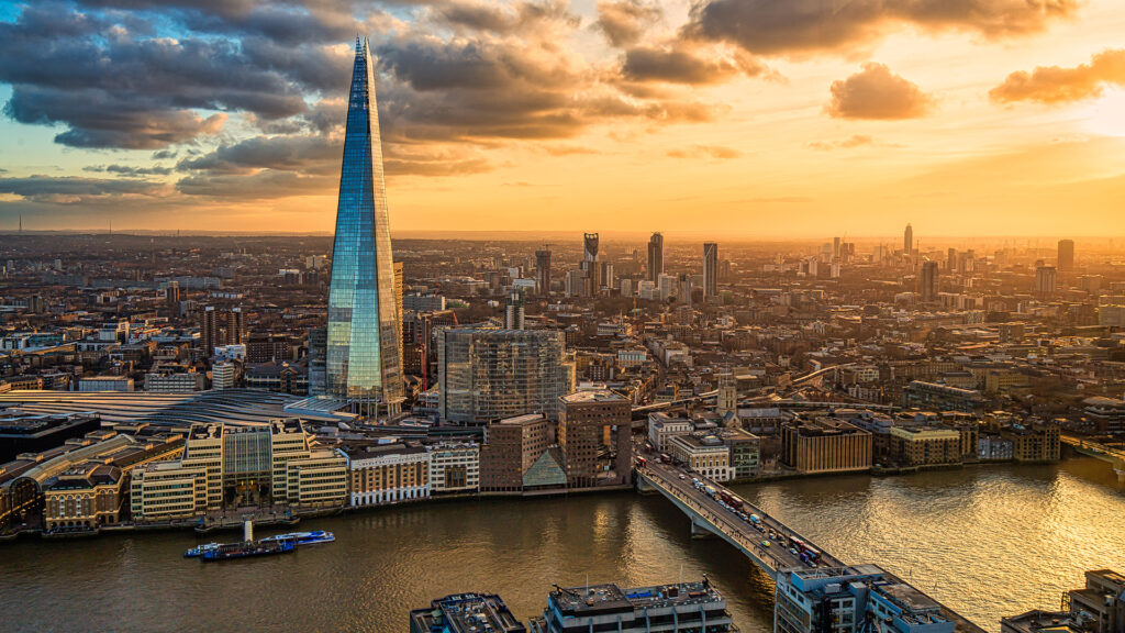 Aerial view of London at sunset