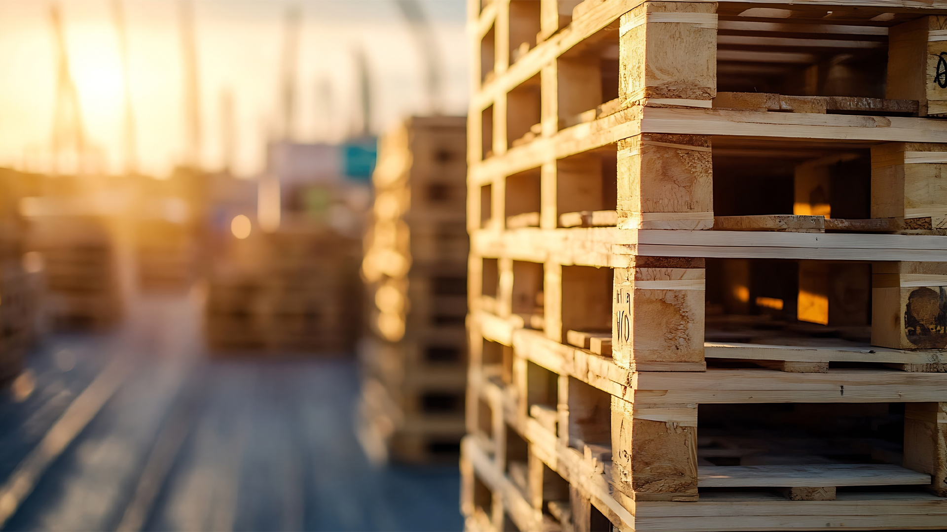 Close-up view of a wooden pallet at sunset, showcasing the intricate details of its construction and the warm golden light illuminating its surface