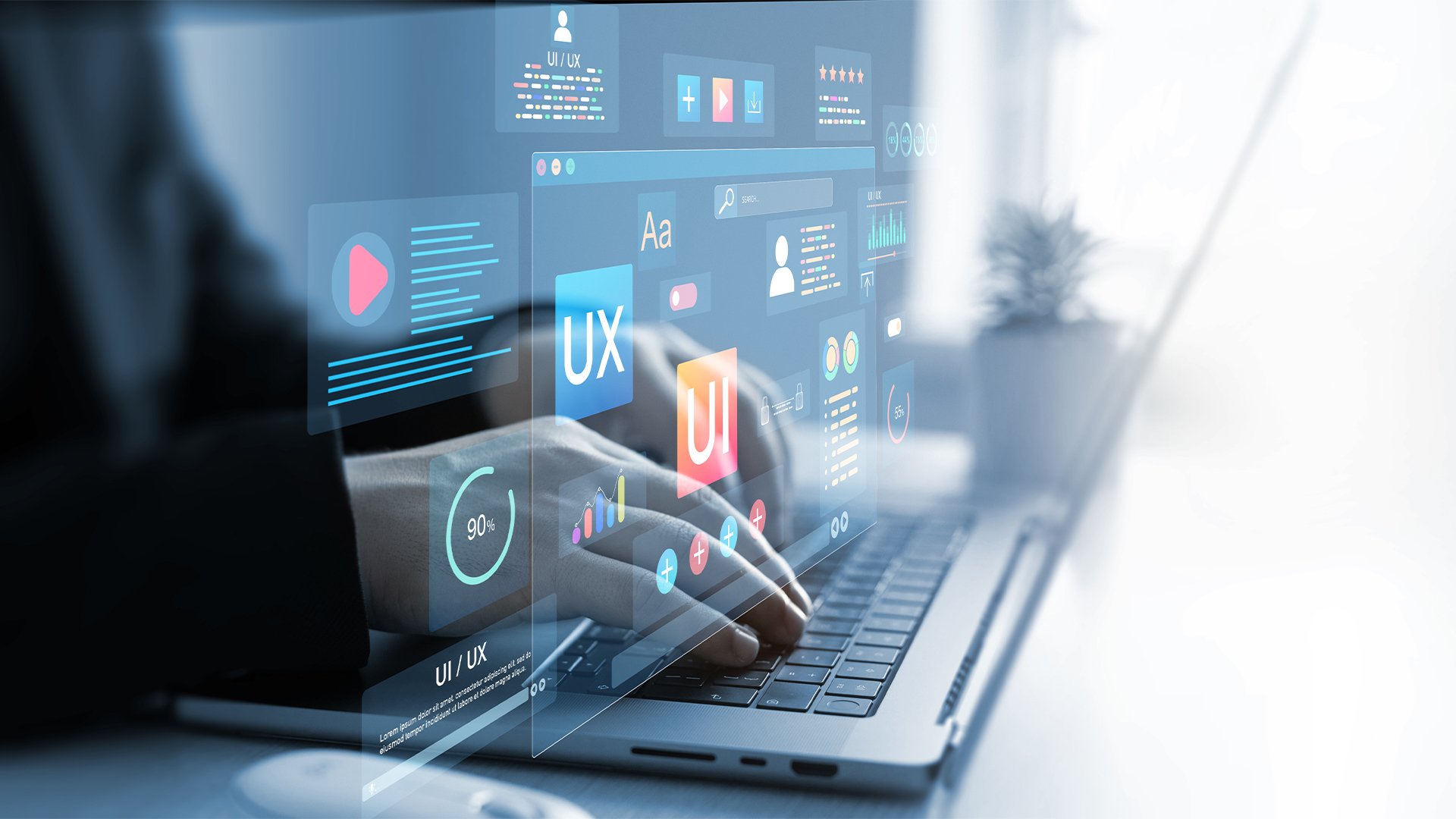 Holographic UIUX, display icons of UX-UI designer, creative planning, data visualization.