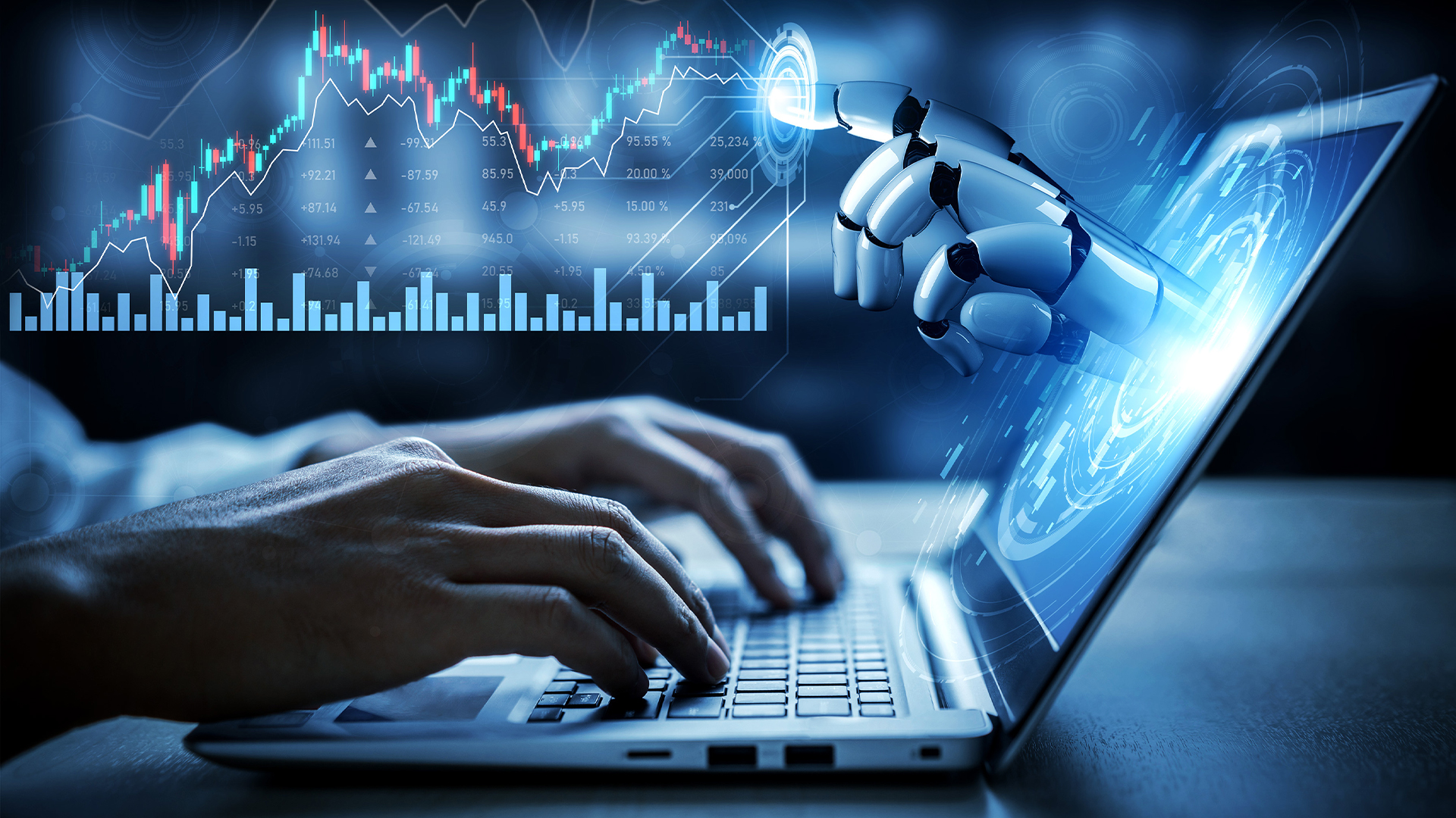 A depiction of a robotic hand interacting with a laptop screen