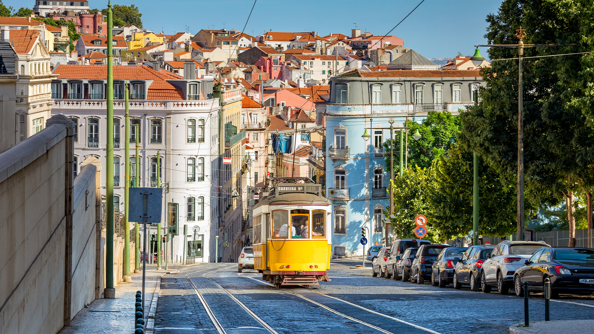 tram on line 28 in lisbon, portugal
